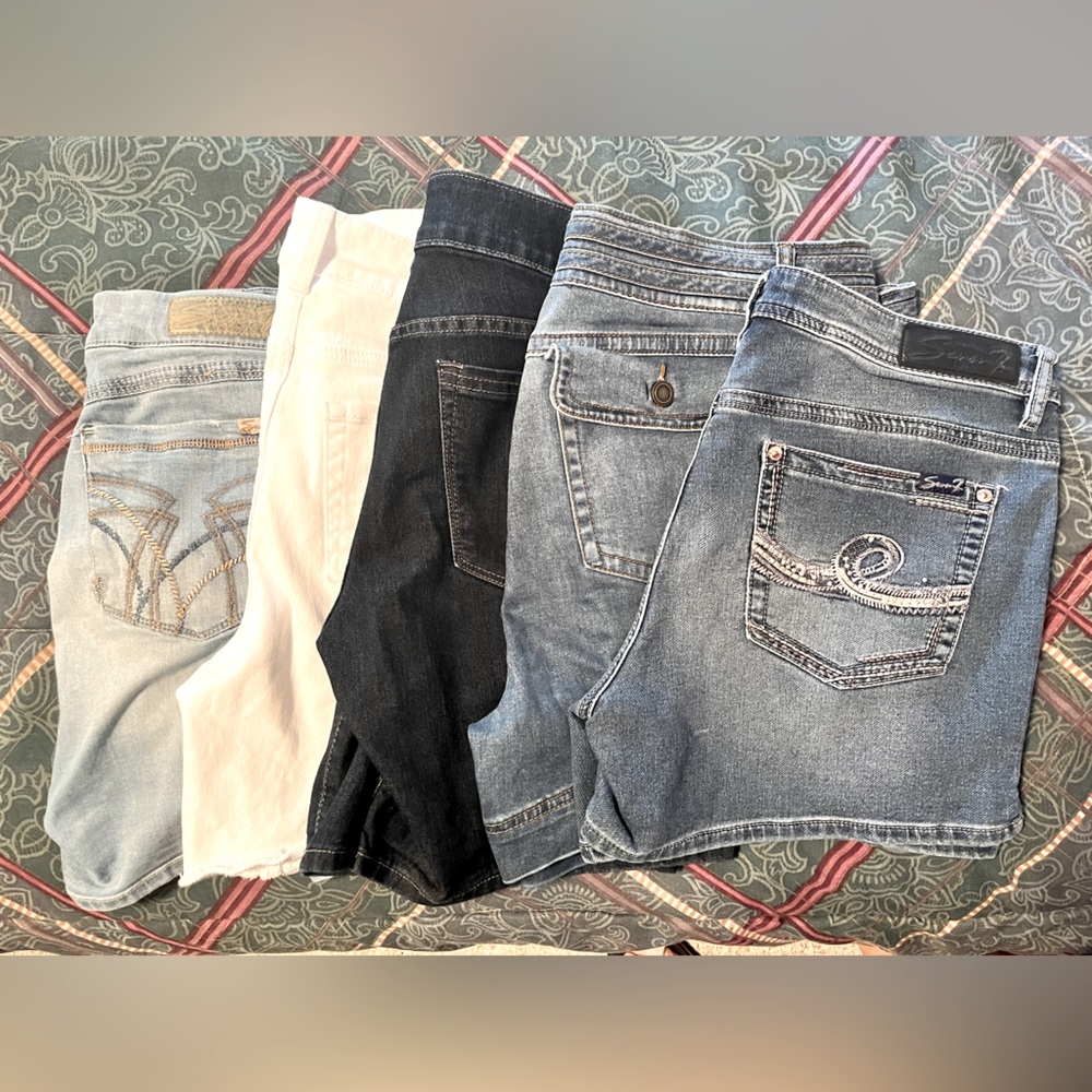 Five Pair Women’s Denim Shorts. Size 12. $25 Takes All.